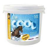 White plastic bucket of naf ice cool hour cooling clay with witch hazel for horses in icy surroundings