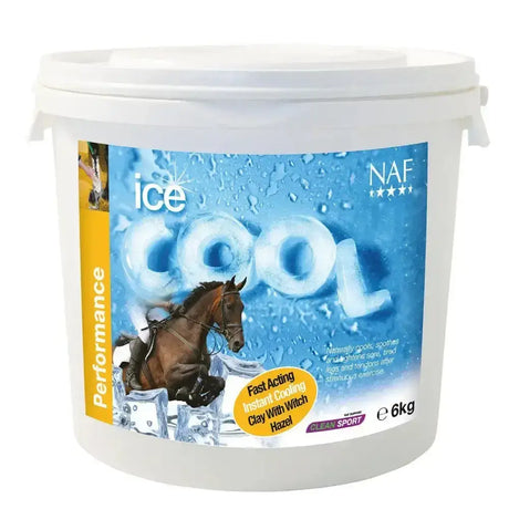 White plastic bucket of naf ice cool hour cooling clay with witch hazel for horses in icy surroundings