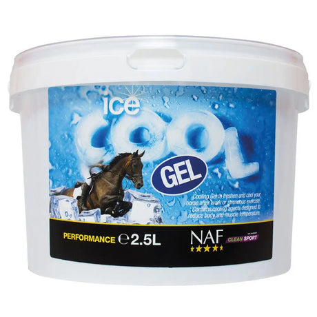 White plastic tub of naf ice cool gel designed to soothe tired legs with a cooling effect for horses