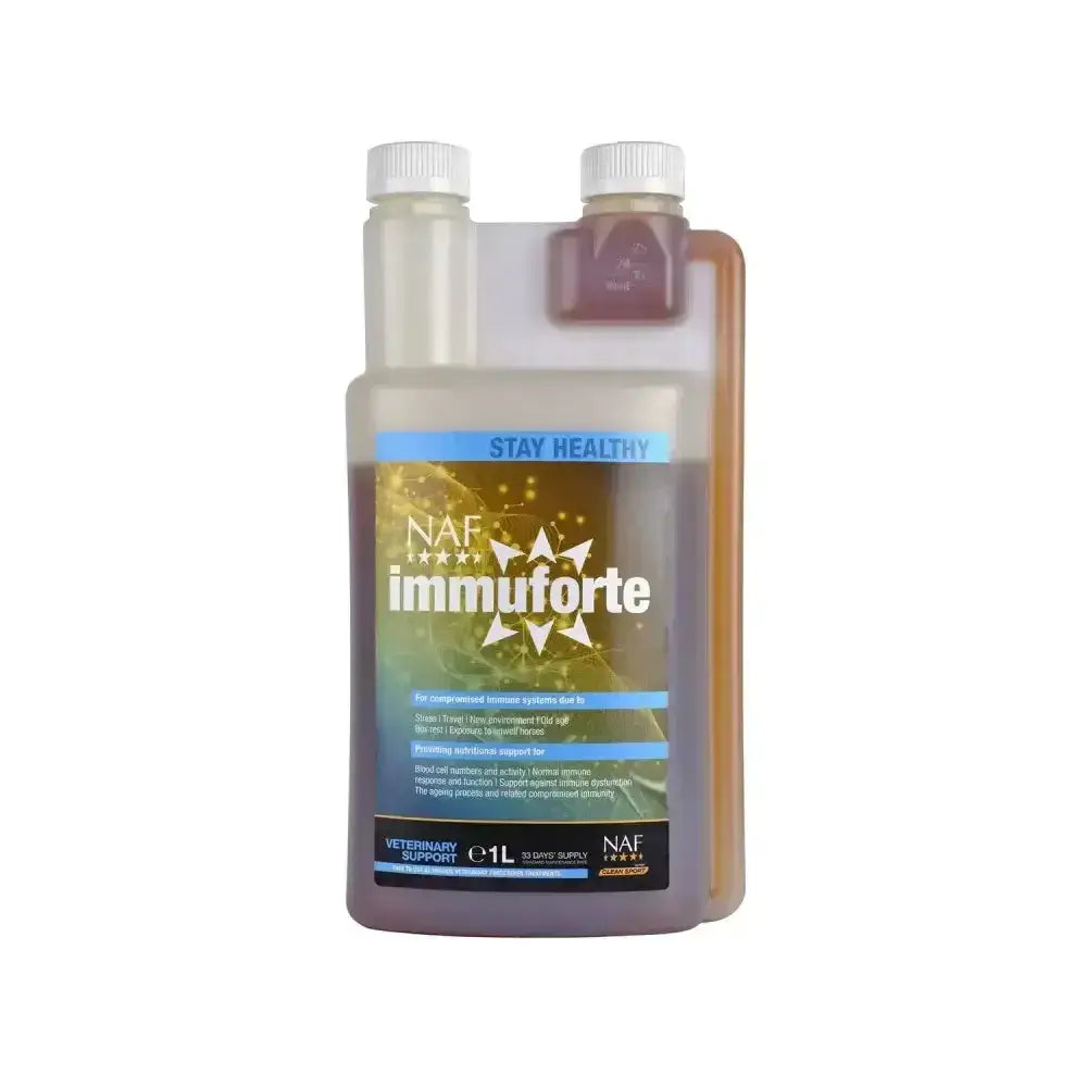 A clear plastic naf immuforte liquid bottle with white cap shows two compartments of light and dark liquid for immunity herbs working