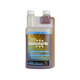 A clear plastic naf immuforte liquid bottle with white cap shows two compartments of light and dark liquid for immunity herbs working
