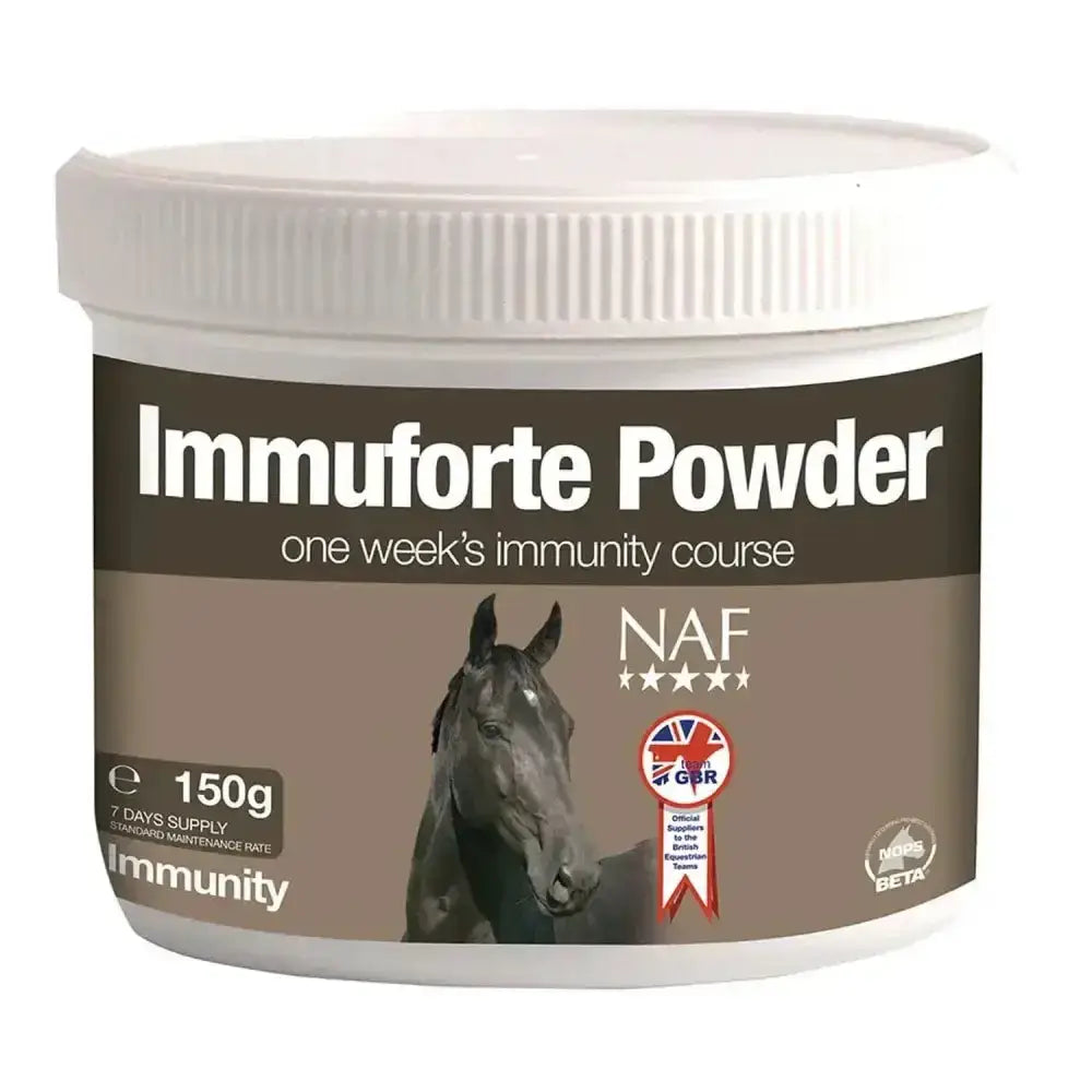 White plastic container of naf immuforte powder 150g horse supplement with natural iron-binding protein for immunity boost