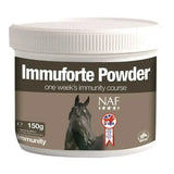 White plastic container of naf immuforte powder 150g horse supplement with natural iron-binding protein for immunity boost