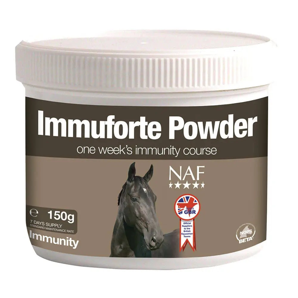 White plastic container of naf immuforte powder 150g horse supplement with brown label black horse and uk flag emblem