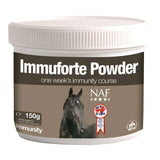 White plastic container of naf immuforte powder 150g horse supplement with brown label black horse and uk flag emblem
