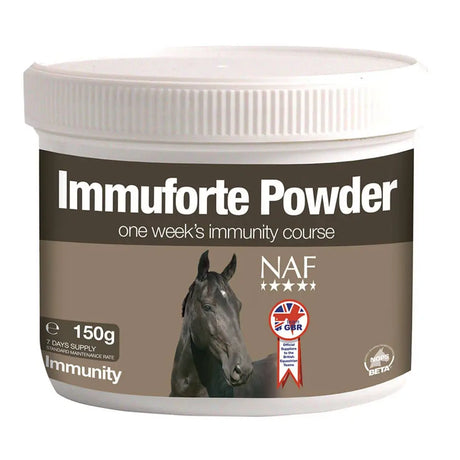 White plastic container of naf immuforte powder 150g horse supplement with brown label black horse and uk flag emblem