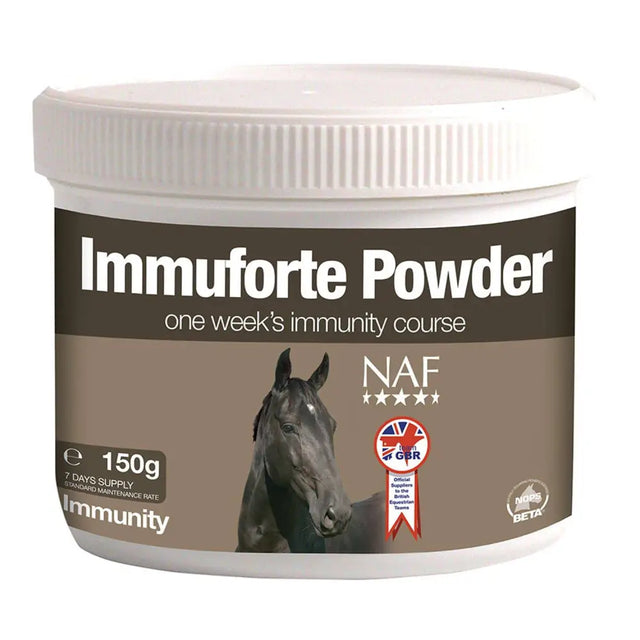 White plastic container of naf immuforte powder 150g horse supplement with brown label black horse and uk flag emblem