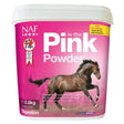 Pink cylindrical container of naf in the pink powder with probiotic yeast to optimise gut function for horses