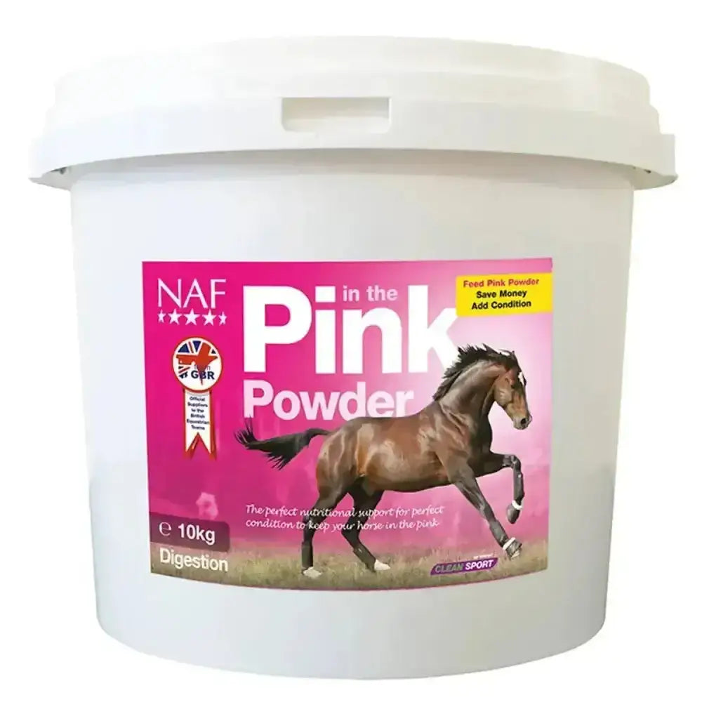 A white plastic bucket with a pink label showing a brown horse for naf in the pink powder live probiotic yeast 10kg