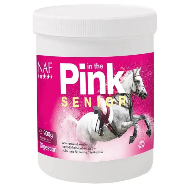A vibrant pink and white container of naf in the pink senior horse feed with live probiotic yeast to optimise gut function