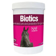 A white container with a pink label of naf instant biotics horse vitamins for gut balancers and natural microbial repopulation