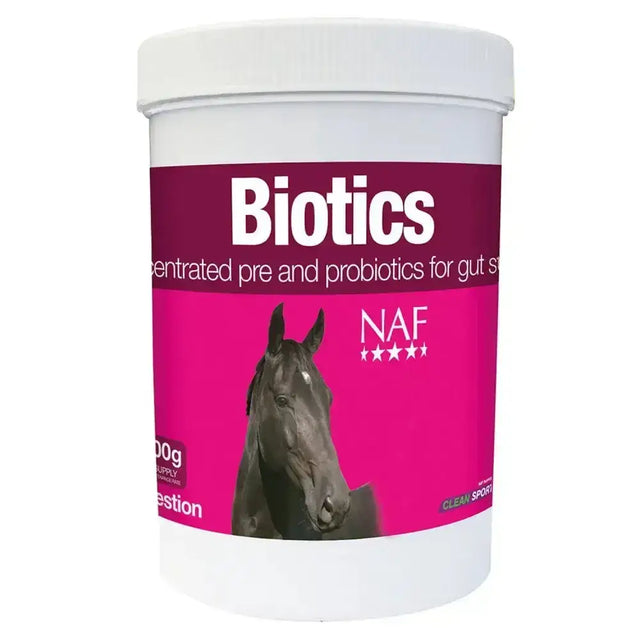 A white container with a pink label of naf instant biotics horse vitamins for gut balancers and natural microbial repopulation