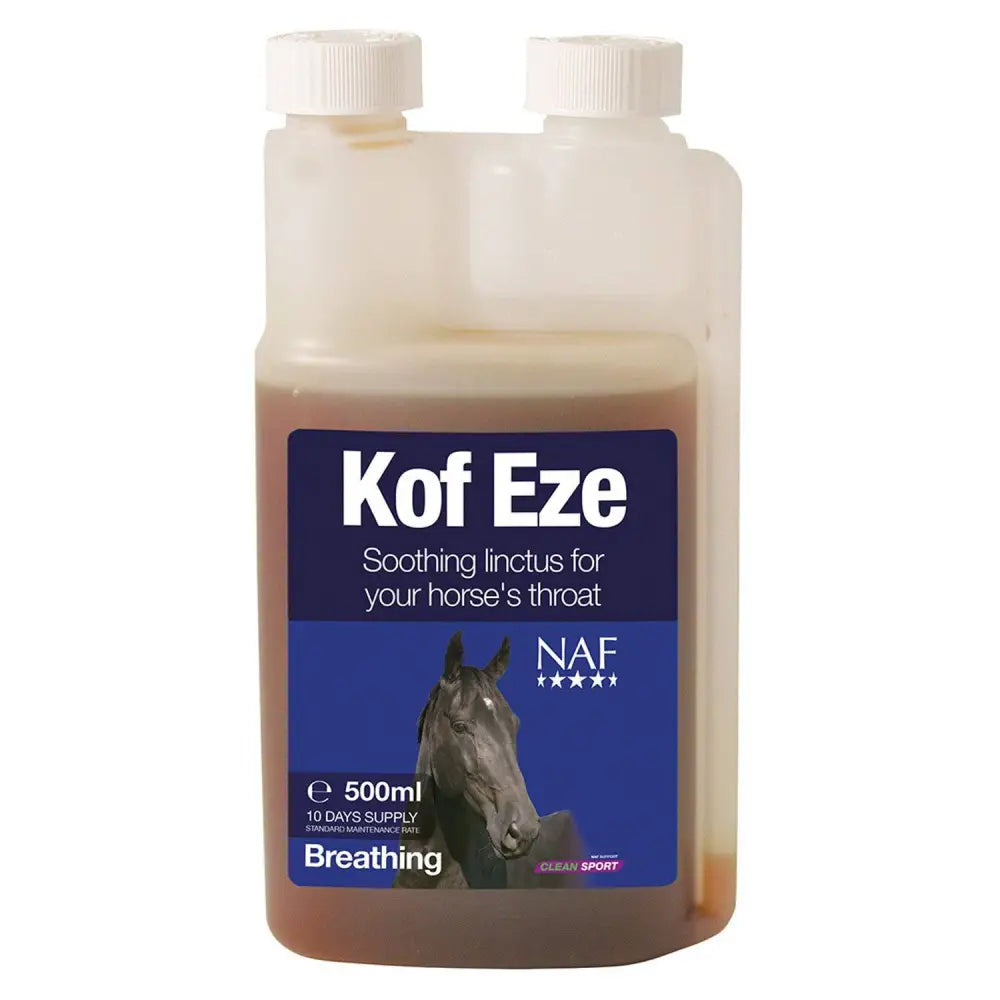 500ml transparent plastic bottle of Kof-Eze horse soothing linctus with blue label for respiratory stress relief