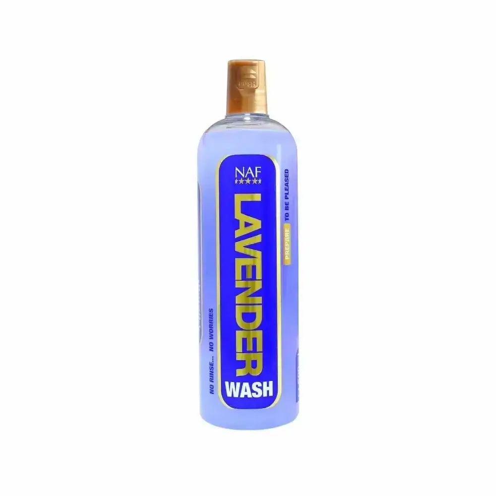 A translucent lavender naf lavender wash bottle with gold cap and blue label in bold yellow text for horse washes