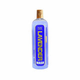 A translucent lavender naf lavender wash bottle with gold cap and blue label in bold yellow text for horse washes