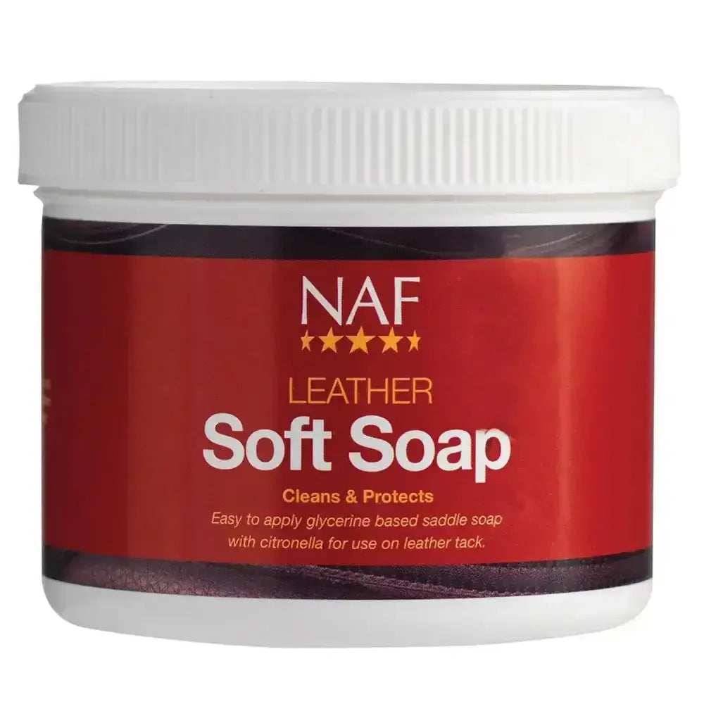 Red-labeled naf leather soft glycerine-based saddle soap jar with white ribbed lid for cleaning horse tack accessories