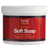 Red-labeled naf leather soft glycerine-based saddle soap jar with white ribbed lid for cleaning horse tack accessories