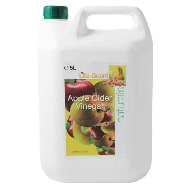 White plastic jug with green cap labeled naf life-guard apple cider vinegar 5l premium grade supplement