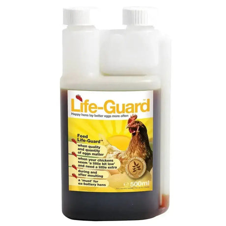 Naf life-guard tonic in a 500ml translucent plastic bottle with white cap and yellow label for life-guard hens nutrient stores