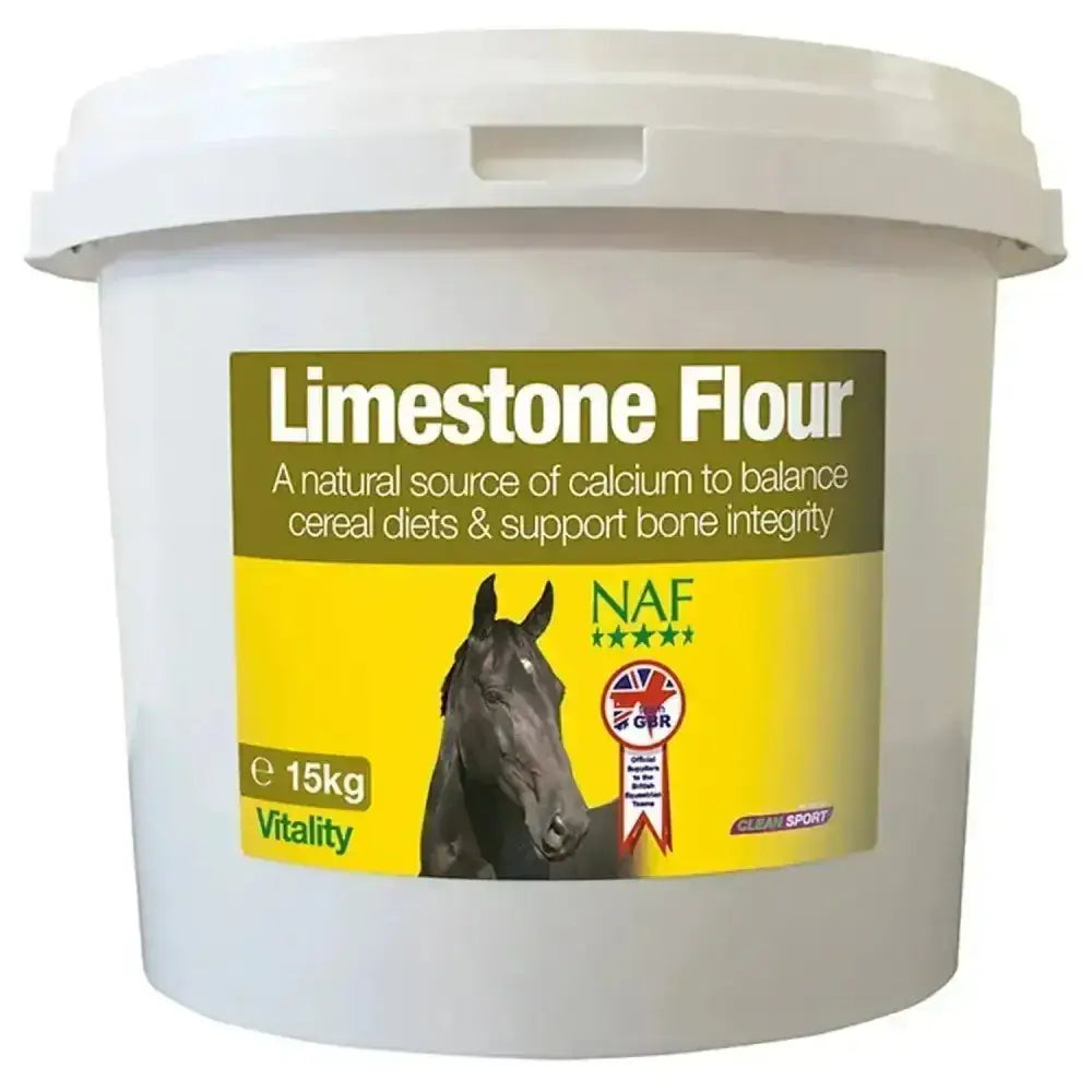 White plastic bucket of naf limestone flour 15kg with yellow green label featuring horse for horse hoof supplements calcium designed