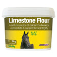 A 3kg white plastic tub of naf limestone flour with a yellow olive green label featuring a black horse for horse hoof supplements and calcium designed support