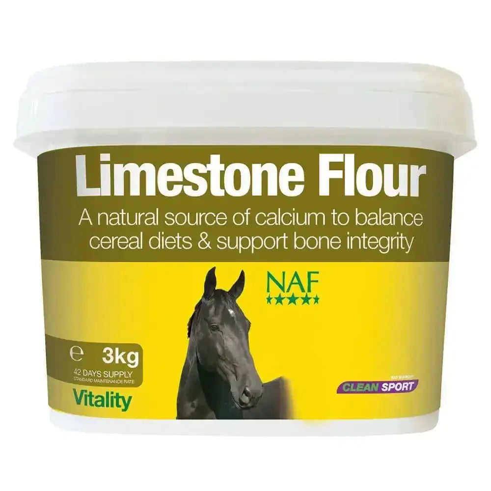 A 3kg container of naf limestone flour with yellow and olive green label featuring a black horse for horse hoof supplements calcium designed
