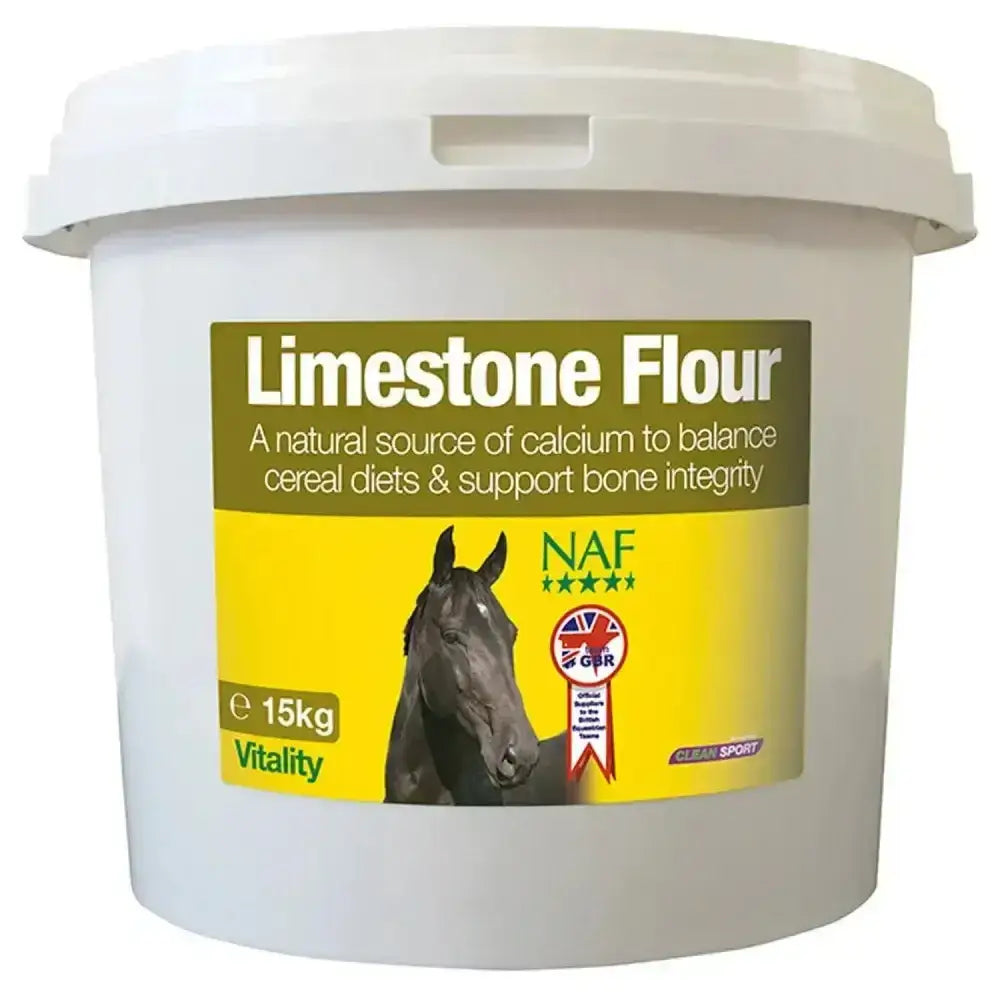 White plastic bucket of naf limestone flour 15kg with yellow green label featuring horse for horse hoof supplements calcium designed