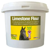 White plastic bucket of naf limestone flour 15kg with yellow green label featuring horse for horse hoof supplements calcium designed