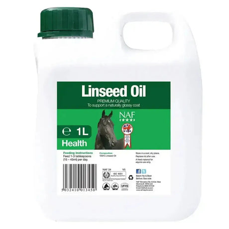 White plastic jug with green cap and label showing naf linseed oil supports natural shine for horses