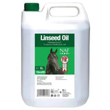 White plastic jug with green cap and naf linseed oil label featuring black horse supports natural shine