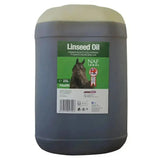 A 25-liter dark gray plastic container of naf linseed oil with green and white label featuring a horse for natural shine