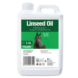 White plastic jug of naf linseed oil 2.5l with green label showing horse for natural shine and linseed oil supports
