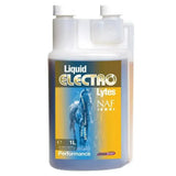 A 1-liter transparent plastic bottle of naf liquid electro with a blue and yellow label featuring a horse for horses body salts