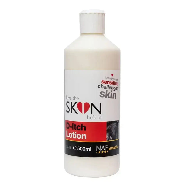 A white plastic 500ml d-itch lotion bottle with a red and black skin label for seasonal irritations easy use