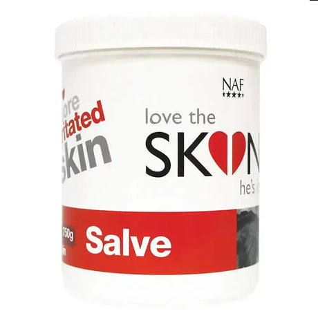 White cylindrical container of naf love the skin hes in skin salve with red and black label for comfort itchy skin salve