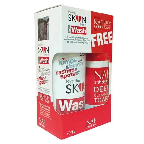 Red and white naf deep cleansing towel with matching bottle of natural skin wash for horses premium skin care