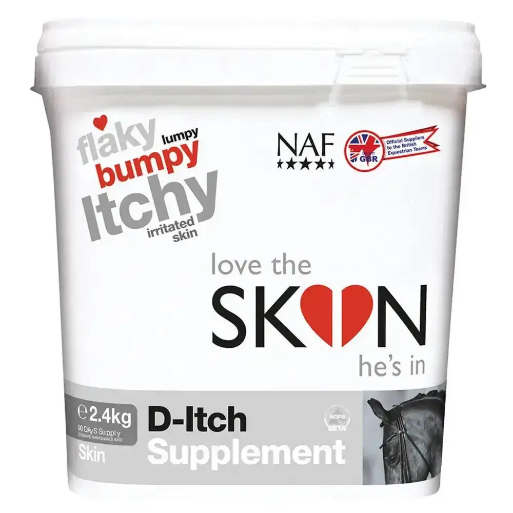White plastic tub of naf loves the skin hes in d-itch supplement with bold black red text and heart logo helps soothe skin