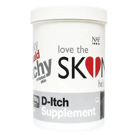 White cylindrical container of naf loves the skin hes in d-itch supplement with bold text and heart symbol on label