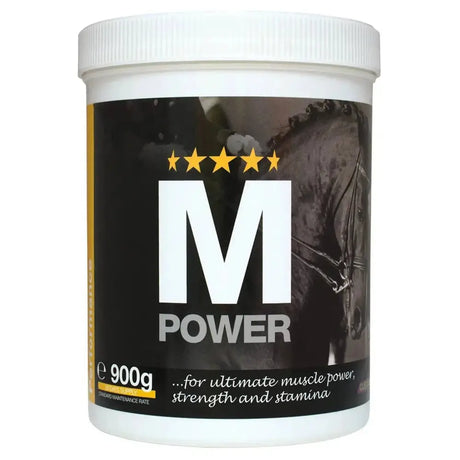 White plastic container with black label gold stars and naf m power branding for ultimate muscle power horse supplement