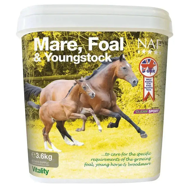 White plastic bucket of naf mare foal youngstock supplement with colorful mare and foal image for raising youngstock