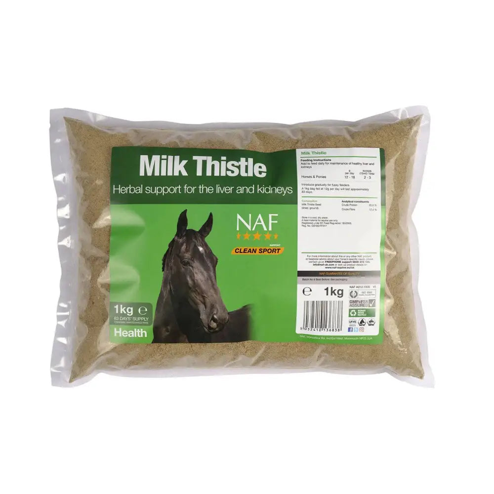 A 1kg bag of naf milk thistle herbal supplement with green label and black horse illustration for horse supplements