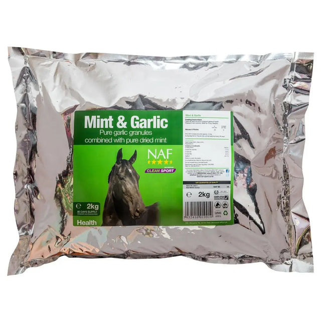 A 2kg bag of naf mint mint and garlic granules in a shiny silver foil pouch for improving coat condition