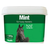 Green plastic tub with white lid labeled naf mint for fussy feeders to support appetite naf mint works effectively