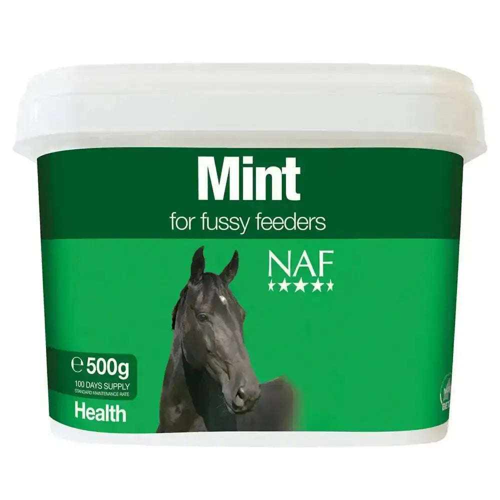 Green and white plastic container of naf mint horse supplement designed to boost appetite for fussier feeders
