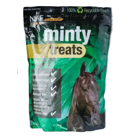 Green and black resealable pouch of naf minty treats healthy naf minty horse treats with brown horse image on front