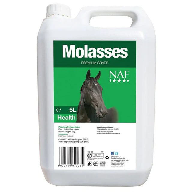 White plastic 5-liter jug of naf molasses easy pour blend to increase palatability for horse health
