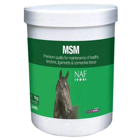 White plastic container with green label of naf msm pure 1kg supplement for equine joint health msm pure horse care