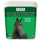 Green plastic container with white lid labeled naf msm pure for horse joint health equine joint supplements