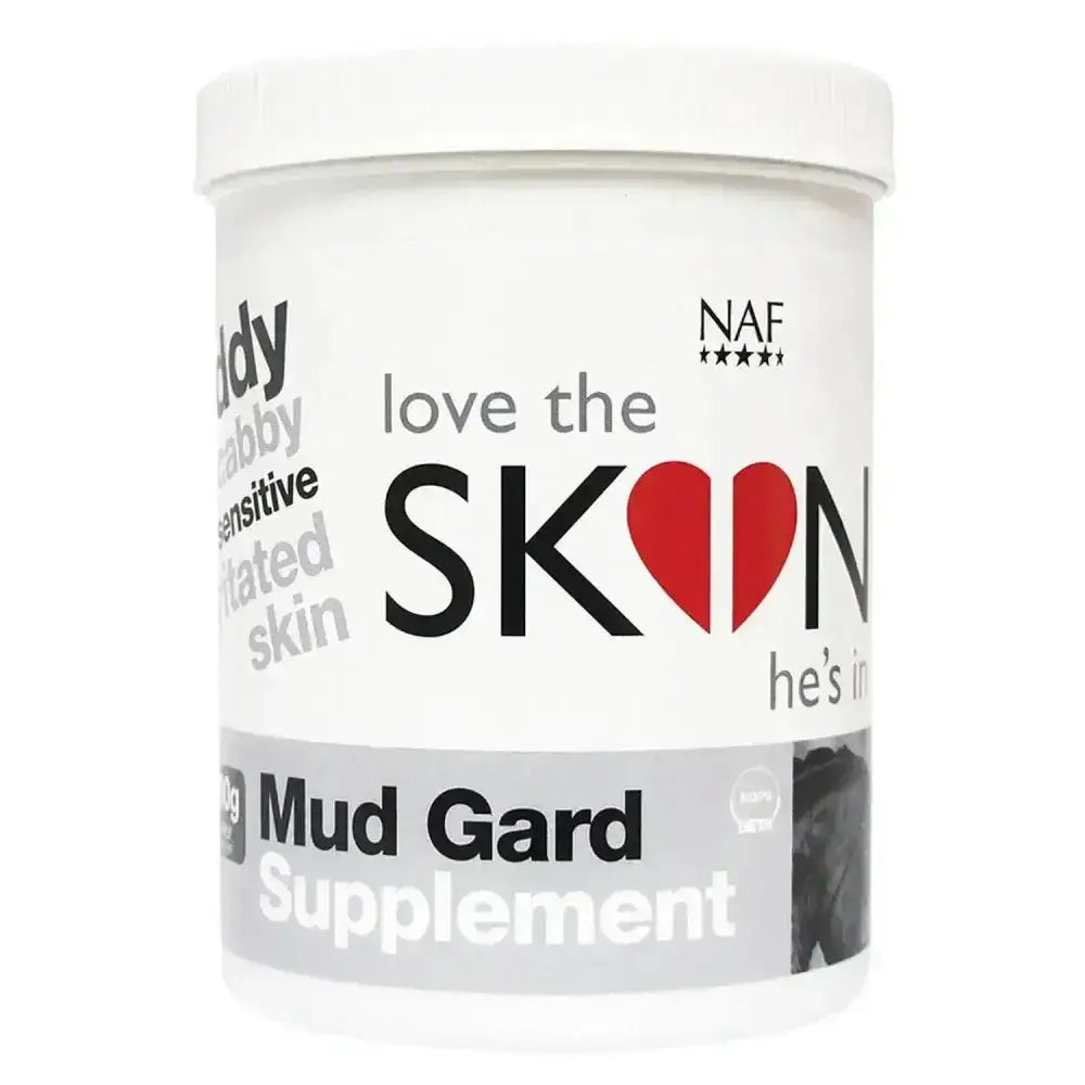 White cylindrical container of naf mud gard supplement with black and red branding for skin challenged horses in wet muddy conditions