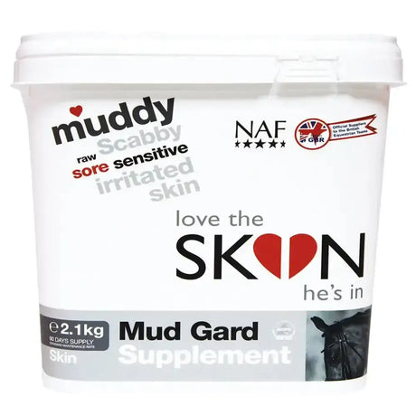 White plastic tub of naf mud gard supplement for skin challenged horses in wet muddy conditions against mud fever